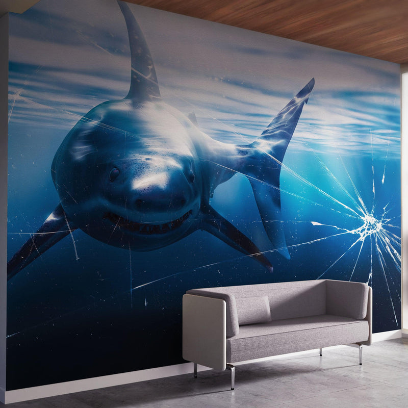 Great White Shark Attack Aquarium Glass Wall Mural. Peel and Stick Wallpaper.