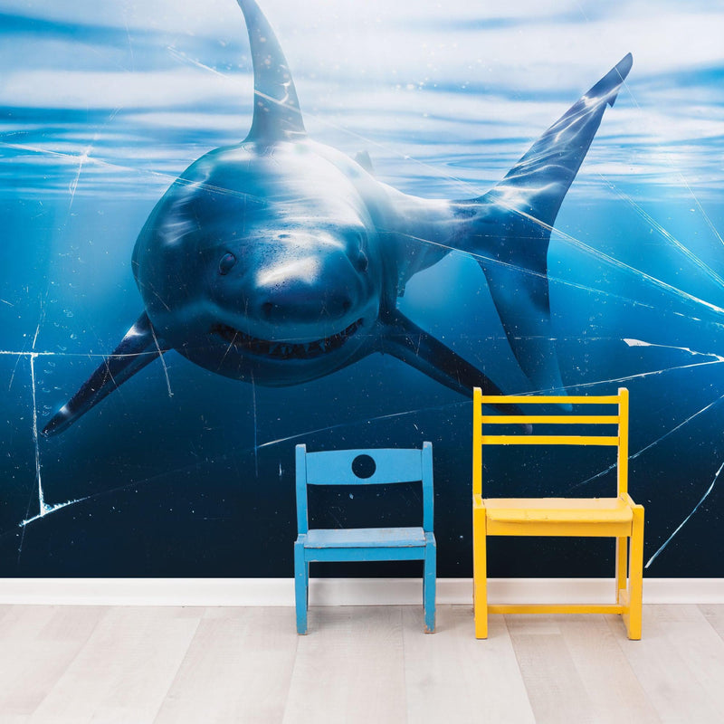 Great White Shark Attack Aquarium Glass Wall Mural. Peel and Stick Wallpaper.