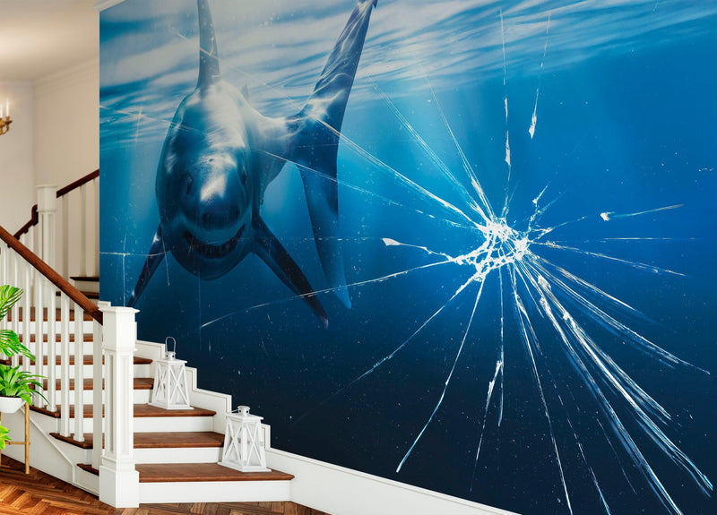 Great White Shark Attack Aquarium Glass Wall Mural. Peel and Stick Wallpaper.