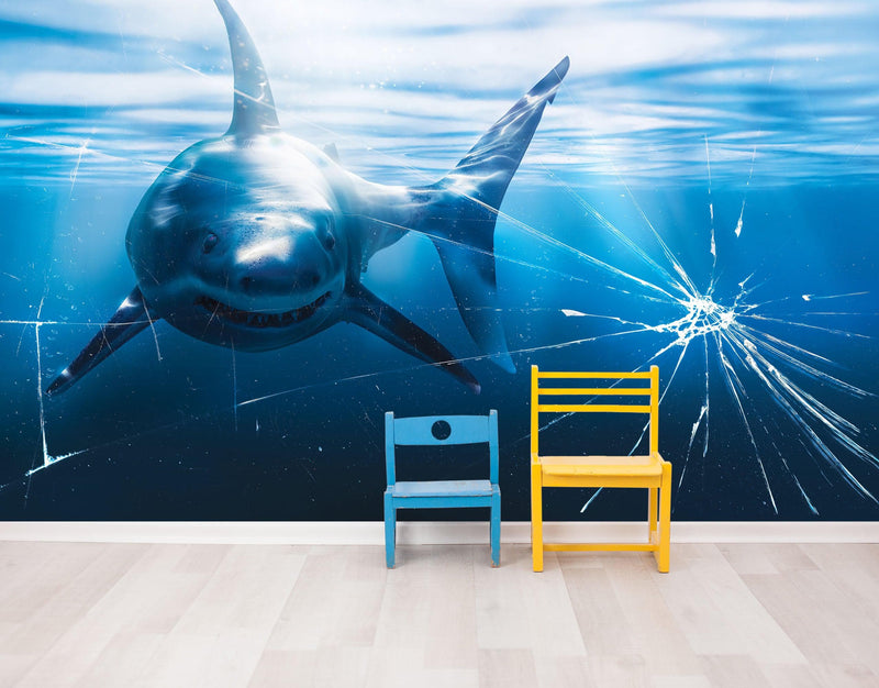 Great White Shark Attack Aquarium Glass Wall Mural. Peel and Stick Wallpaper.