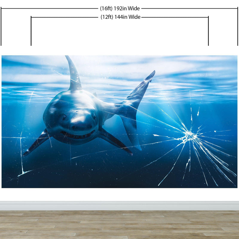 Great White Shark Attack Aquarium Glass Wall Mural. Peel and Stick Wallpaper.