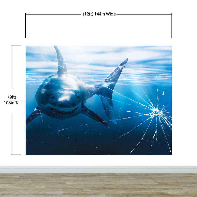 Great White Shark Attack Aquarium Glass Wall Mural. Peel and Stick Wallpaper.