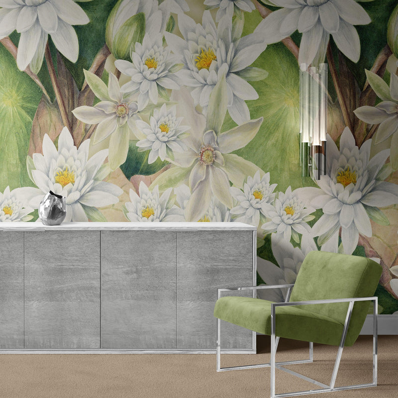 Botanical Flower Wall Mural. Color Pencil Artwork of Flower Garden Peel and Stick Wallpaper. Paradise Botanical Flowers and Leave Black Background.