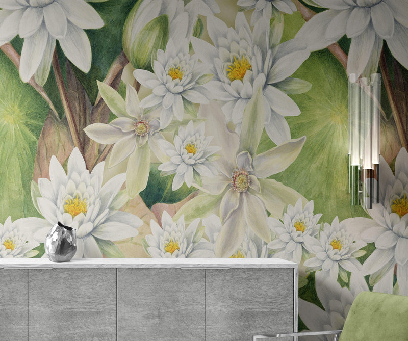 Botanical Flower Wall Mural. Color Pencil Artwork of Flower Garden Peel and Stick Wallpaper. Paradise Botanical Flowers and Leave Black Background.