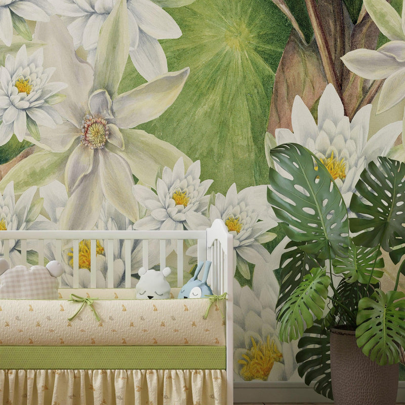 Botanical Flower Wall Mural. Color Pencil Artwork of Flower Garden Peel and Stick Wallpaper. Paradise Botanical Flowers and Leave Black Background.