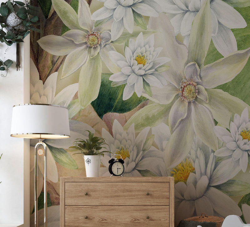 Botanical Flower Wall Mural. Color Pencil Artwork of Flower Garden Peel and Stick Wallpaper. Paradise Botanical Flowers and Leave Black Background.