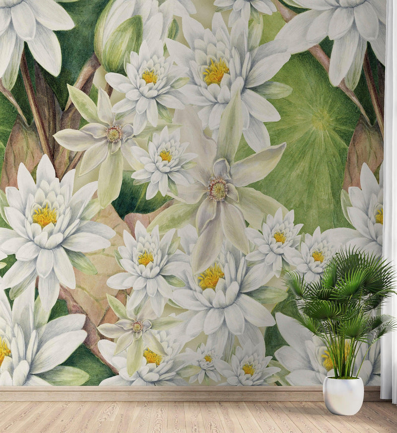 Botanical Flower Wall Mural. Color Pencil Artwork of Flower Garden Peel and Stick Wallpaper. Paradise Botanical Flowers and Leave Black Background.