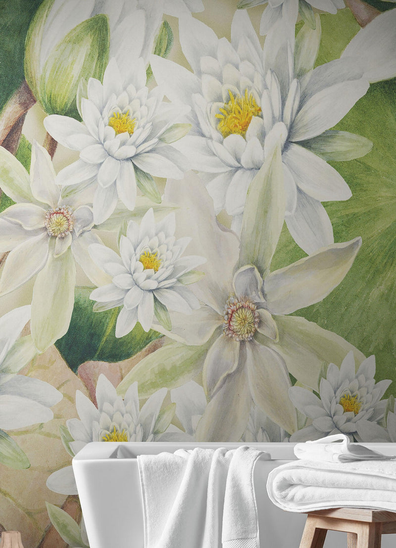 Botanical Flower Wall Mural. Color Pencil Artwork of Flower Garden Peel and Stick Wallpaper. Paradise Botanical Flowers and Leave Black Background.