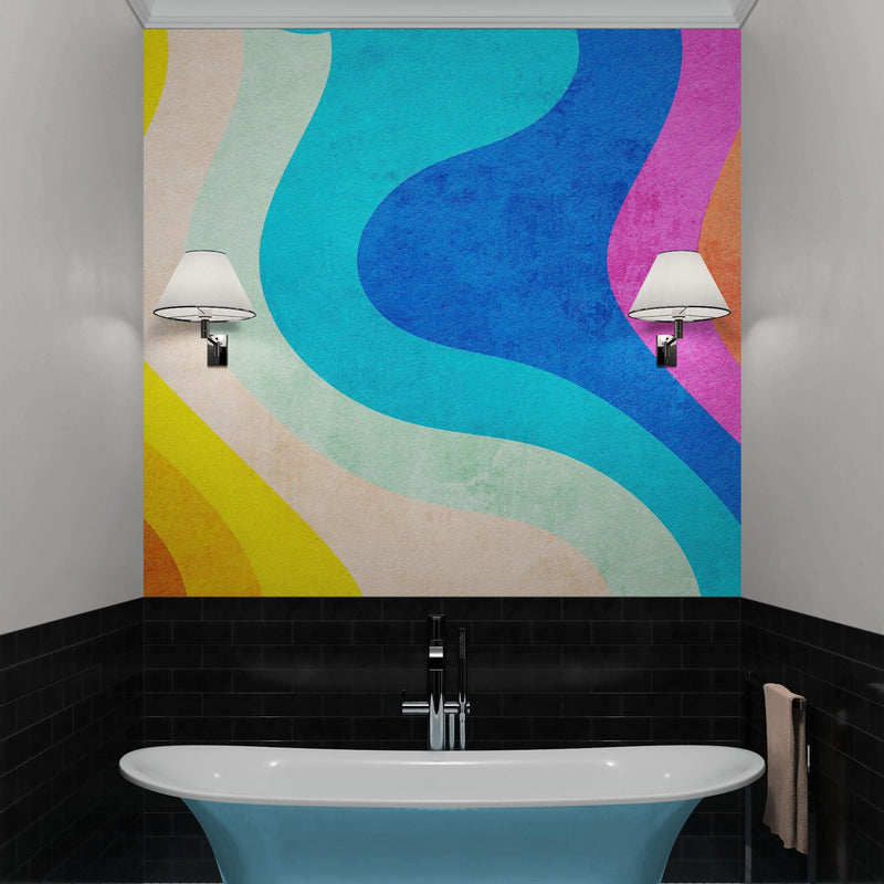 Abstract Retro Rainbow Color Curve Pattern Wall Mural.