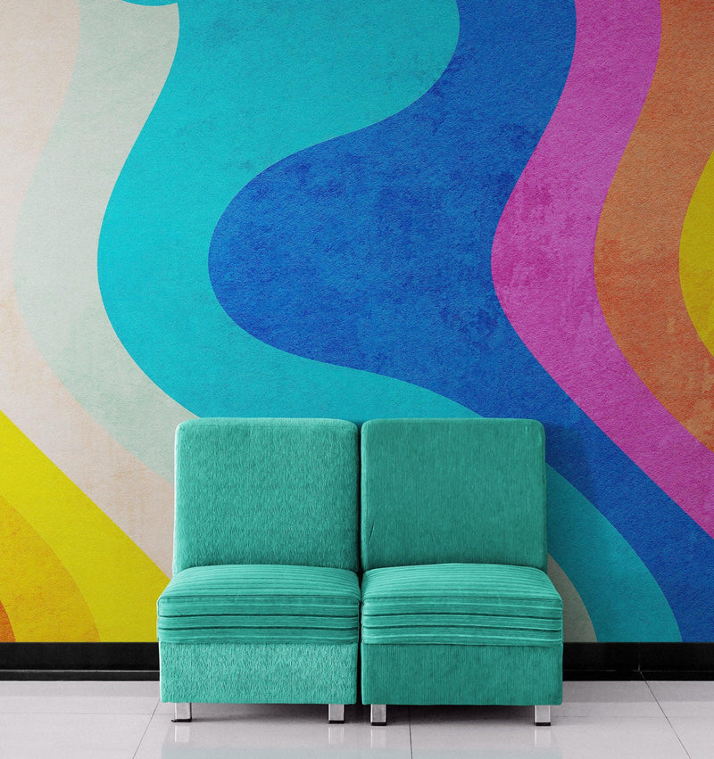 Abstract Retro Rainbow Color Curve Pattern Wall Mural.