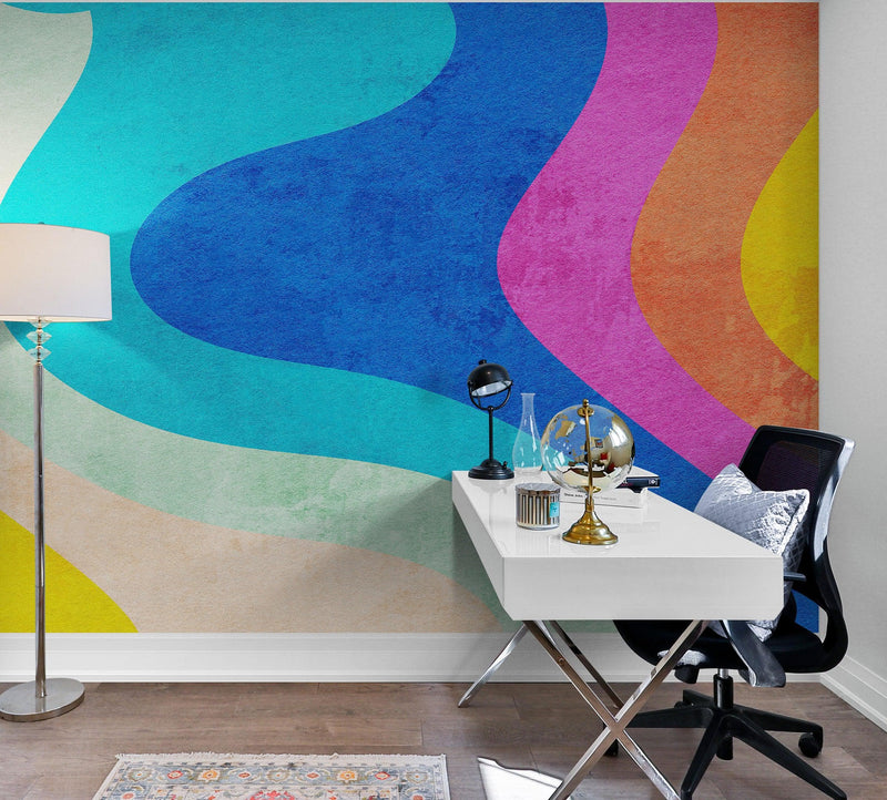 Abstract Retro Rainbow Color Curve Pattern Wall Mural.