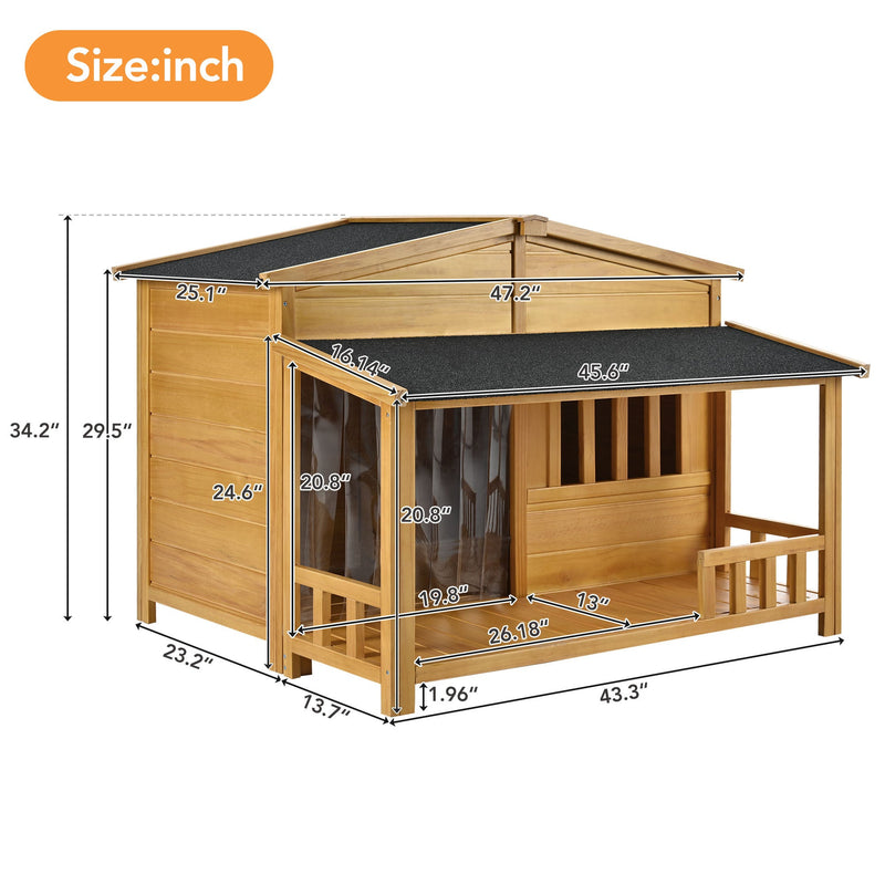 47.2" Wooden Dog House, Outdoor & Indoor Dog Crate, Pet Kennel With Porch, Solid Wood, Weatherproof, Medium, Nature