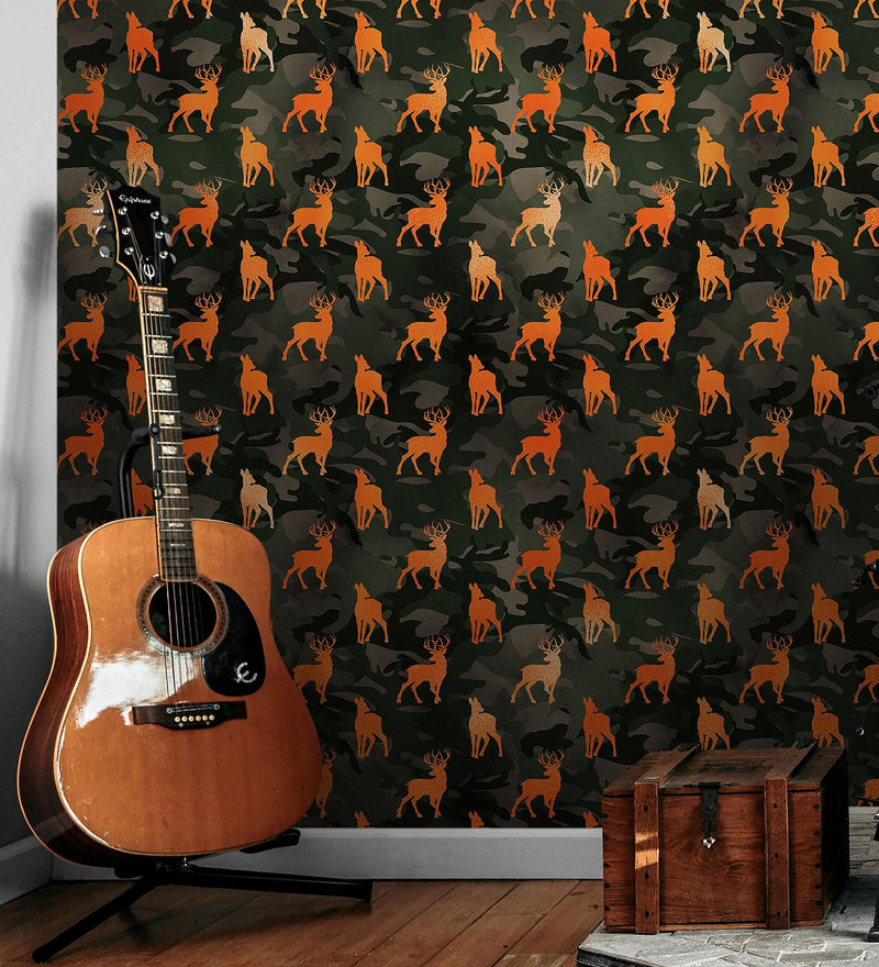 Deer Silhouette Camouflage Wall Mural. Military Theme / Hunter Home Decor. Peel and Stick Wallpaper.