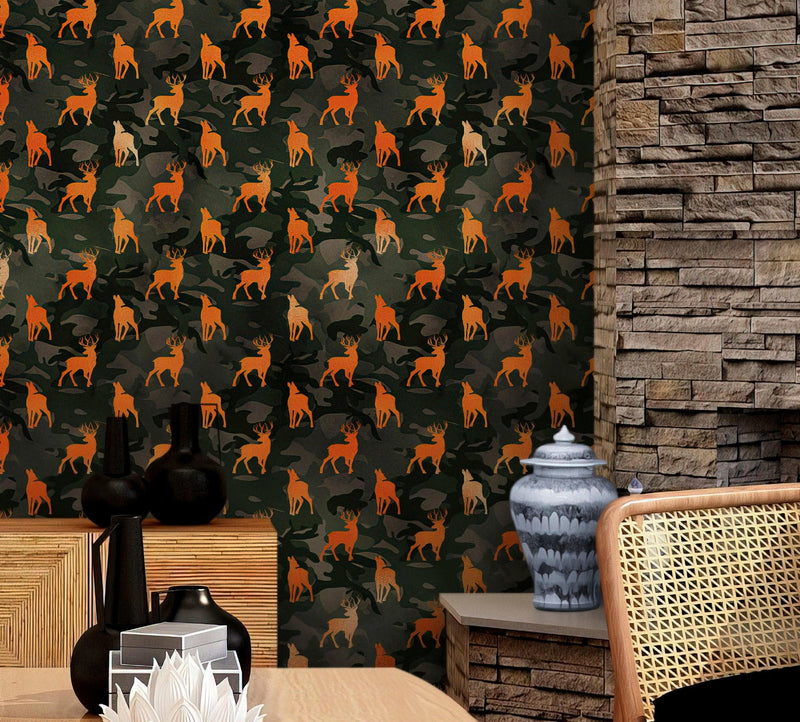 Deer Silhouette Camouflage Wall Mural. Military Theme / Hunter Home Decor. Peel and Stick Wallpaper.