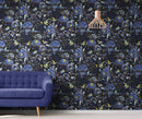Blue and Black Color Flower Pattern Wall Mural. Tropical Botanical Floral Peel and Stick Wallpaper.