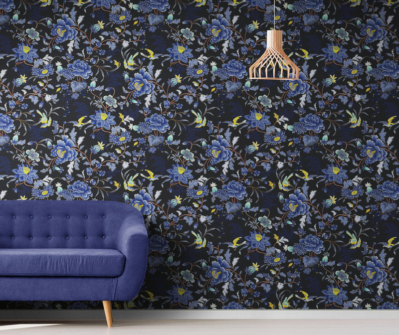 Blue and Black Color Flower Pattern Wall Mural. Tropical Botanical Floral Peel and Stick Wallpaper.