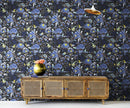 Blue and Black Color Flower Pattern Wall Mural. Tropical Botanical Floral Peel and Stick Wallpaper.