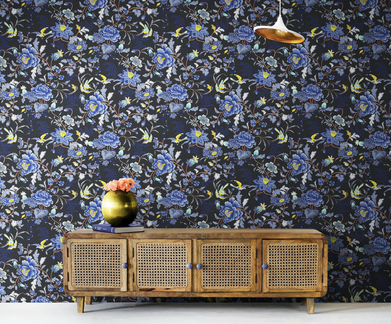 Blue and Black Color Flower Pattern Wall Mural. Tropical Botanical Floral Peel and Stick Wallpaper.