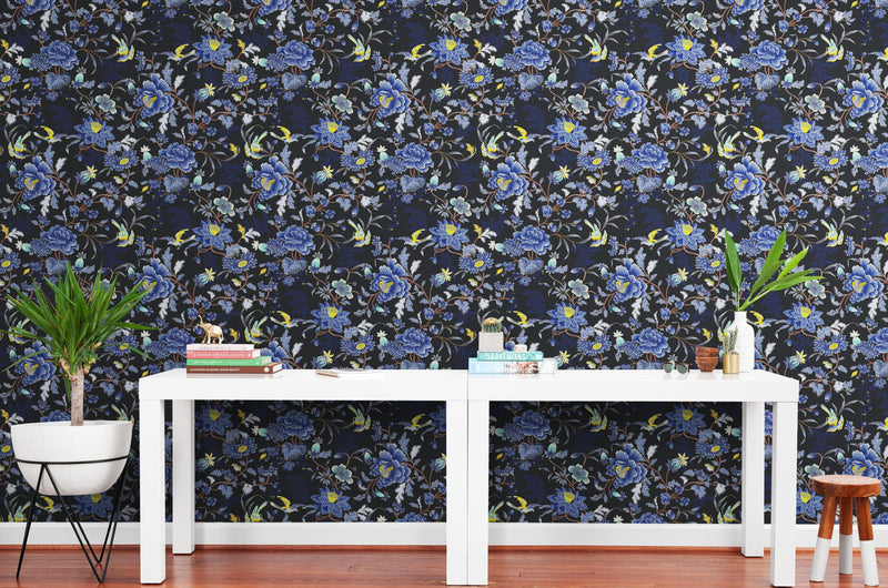 Blue and Black Color Flower Pattern Wall Mural. Tropical Botanical Floral Peel and Stick Wallpaper.