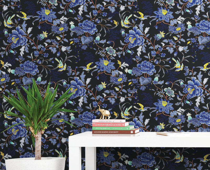 Blue and Black Color Flower Pattern Wall Mural. Tropical Botanical Floral Peel and Stick Wallpaper.