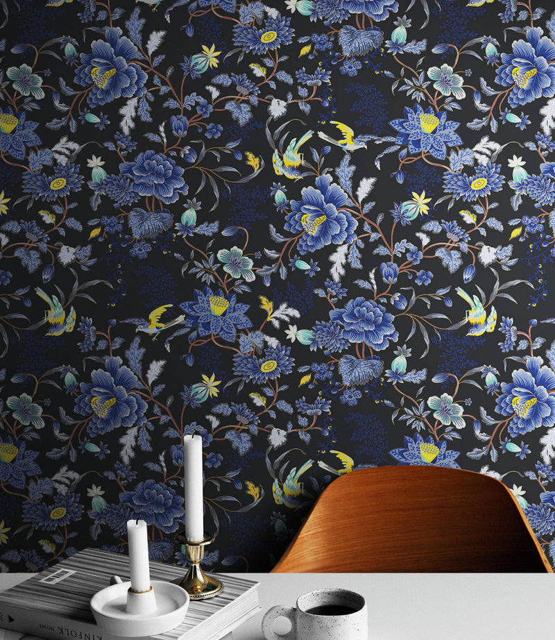 Blue and Black Color Flower Pattern Wall Mural. Tropical Botanical Floral Peel and Stick Wallpaper.