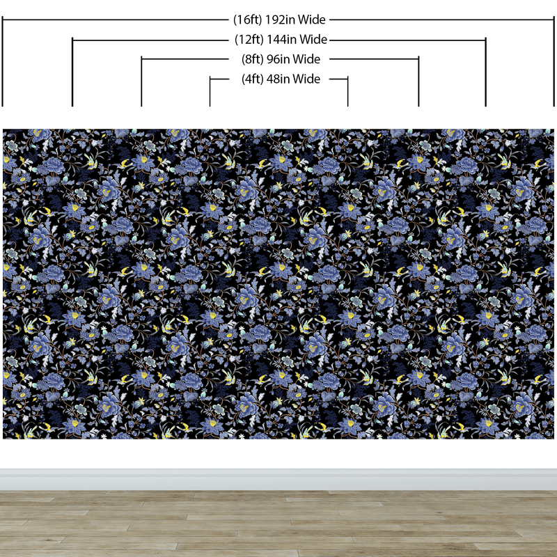 Blue and Black Color Flower Pattern Wall Mural. Tropical Botanical Floral Peel and Stick Wallpaper.