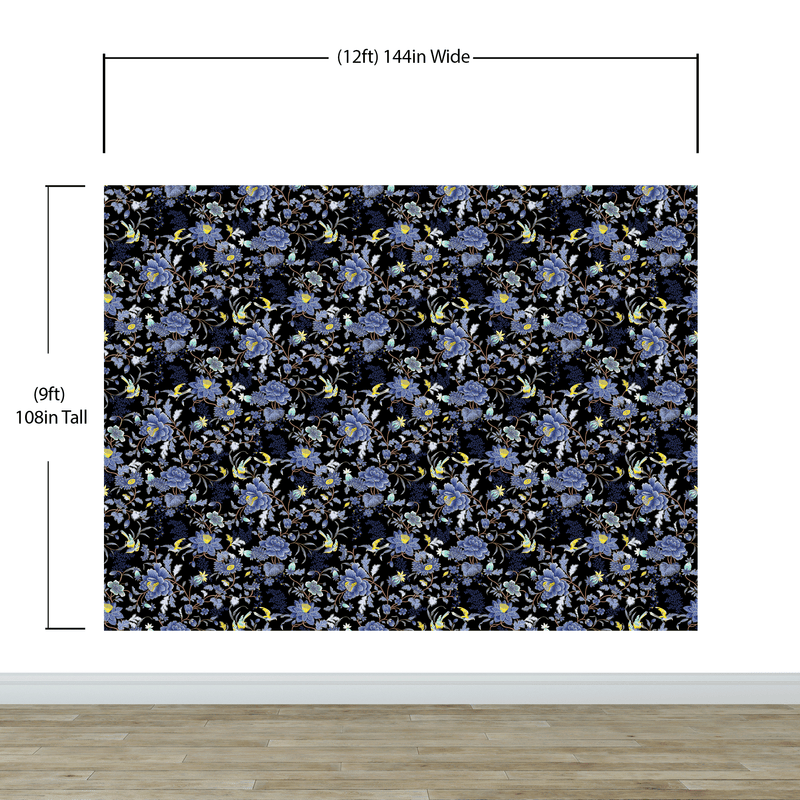 Blue and Black Color Flower Pattern Wall Mural. Tropical Botanical Floral Peel and Stick Wallpaper.