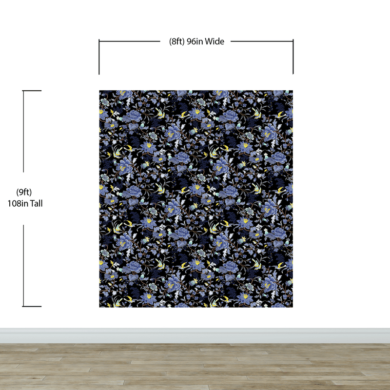 Blue and Black Color Flower Pattern Wall Mural. Tropical Botanical Floral Peel and Stick Wallpaper.