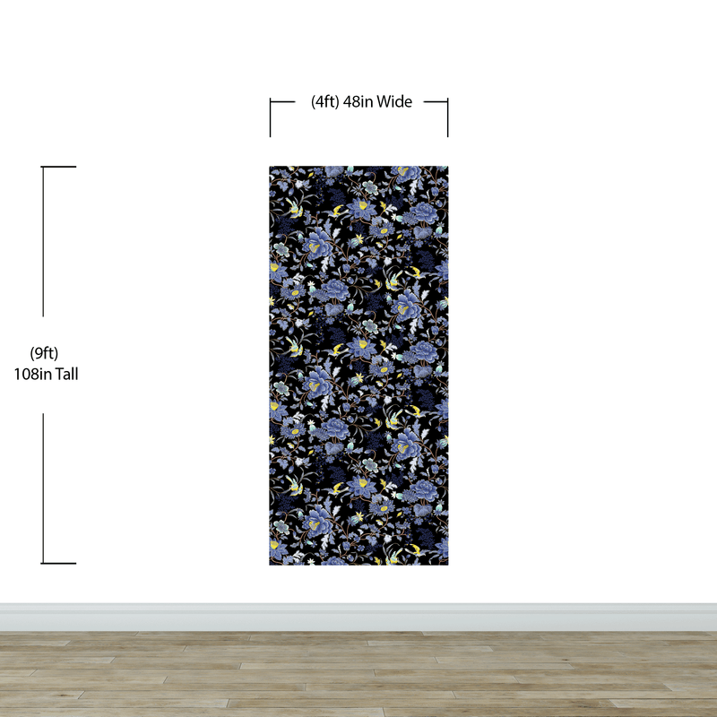 Blue and Black Color Flower Pattern Wall Mural. Tropical Botanical Floral Peel and Stick Wallpaper.