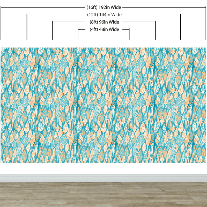 Teal Color Autumn Leaves Pattern Wall Mural. Retro Illustration Foliage Pattern.