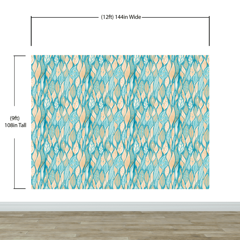 Teal Color Autumn Leaves Pattern Wall Mural. Retro Illustration Foliage Pattern.