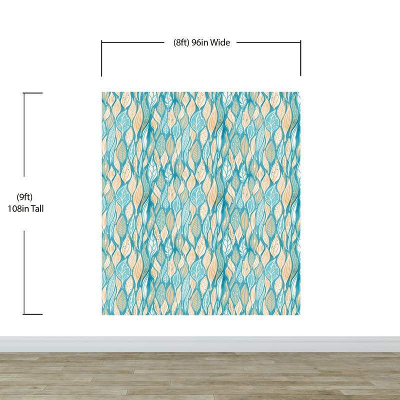 Teal Color Autumn Leaves Pattern Wall Mural. Retro Illustration Foliage Pattern.