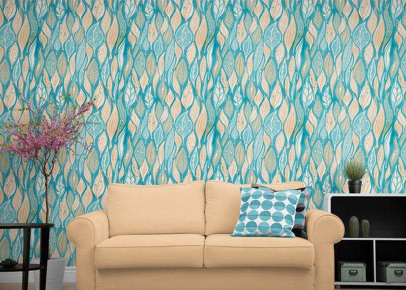 Teal Color Autumn Leaves Pattern Wall Mural. Retro Illustration Foliage Pattern.