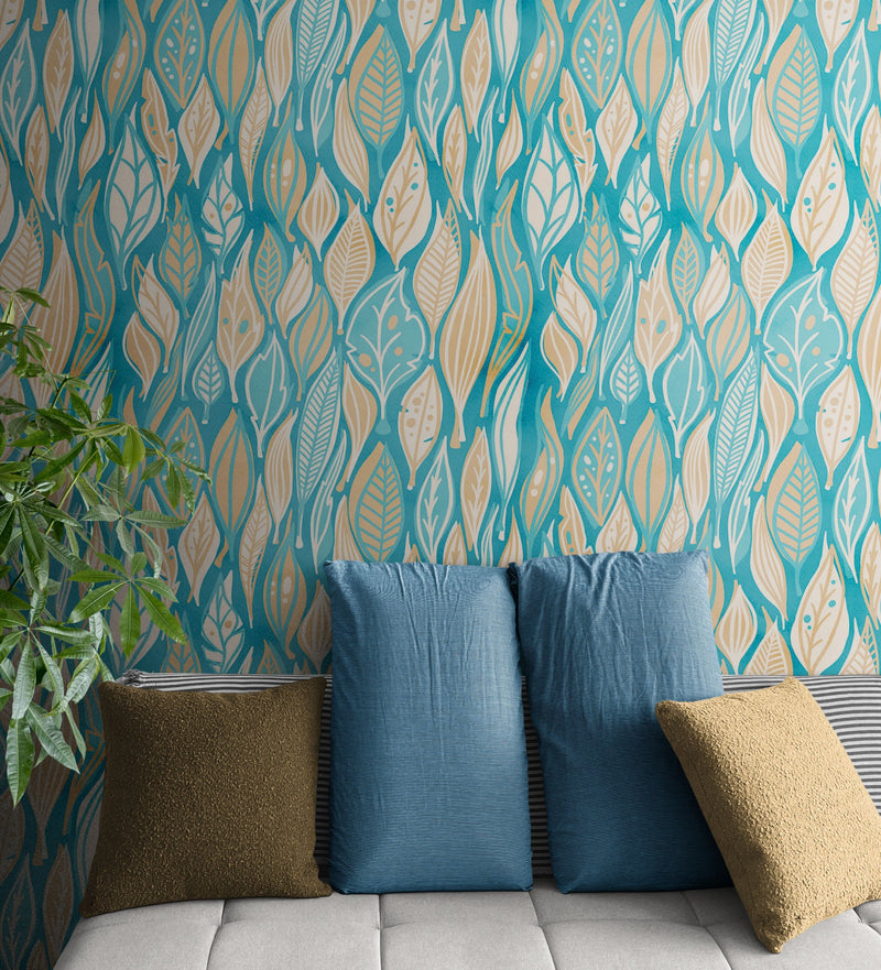 Teal Color Autumn Leaves Pattern Wall Mural. Retro Illustration Foliage Pattern.