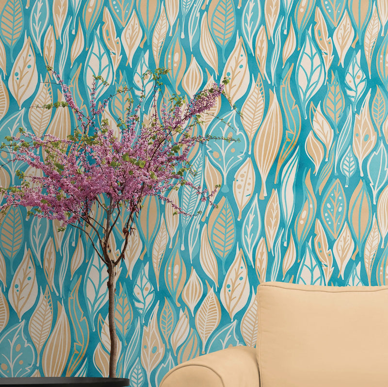 Teal Color Autumn Leaves Pattern Wall Mural. Retro Illustration Foliage Pattern.