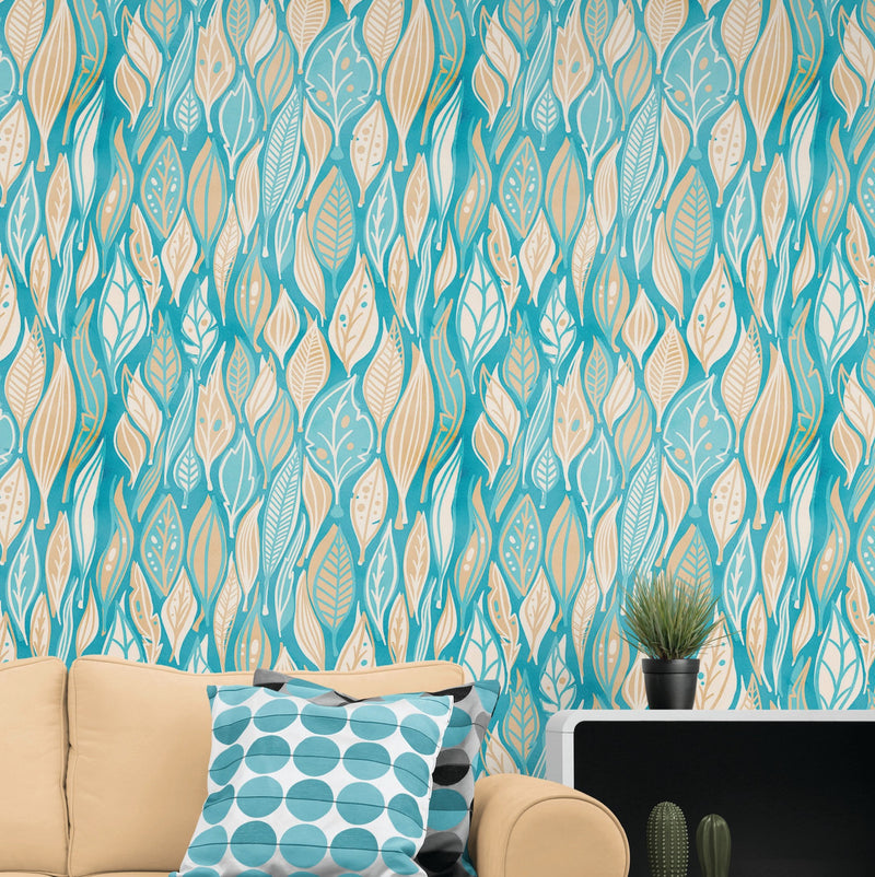 Teal Color Autumn Leaves Pattern Wall Mural. Retro Illustration Foliage Pattern.