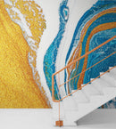 Abstract Bright Color Ink Splotch Pattern Wall Mural. Gold, White and Blue.
