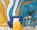 Abstract Bright Color Ink Splotch Pattern Wall Mural. Gold, White and Blue.
