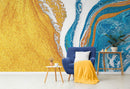 Abstract Bright Color Ink Splotch Pattern Wall Mural. Gold, White and Blue.