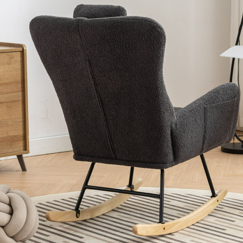 35.5 inch Rocking Chair with Pocket, Soft Teddy Fabric Rocking Chair for Nursery, Comfy Wingback Glider Rocker with Safe Solid Wood Base for Living Room Bedroom Balcony (greg)