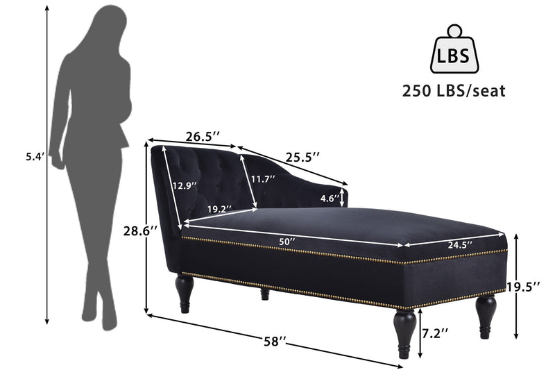 58" Velvet Chaise Lounge, Button Tufted Right Arm Facing Lounge Chair with Nailhead Trim & Solid Wood Legs for Living Room or Office, Sleeper Lounge Sofa (Black)