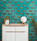 Butterfly Pattern on Green Background Wall Mural. Retro Green, Pink and Gold Color Illustration Design. Bedroom, Nursery, Home Decor. Peel and Stick Wallpaper.