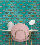 Butterfly Pattern on Green Background Wall Mural. Retro Green, Pink and Gold Color Illustration Design. Bedroom, Nursery, Home Decor. Peel and Stick Wallpaper.