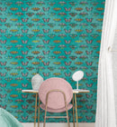 Butterfly Pattern on Green Background Wall Mural. Retro Green, Pink and Gold Color Illustration Design. Bedroom, Nursery, Home Decor. Peel and Stick Wallpaper.