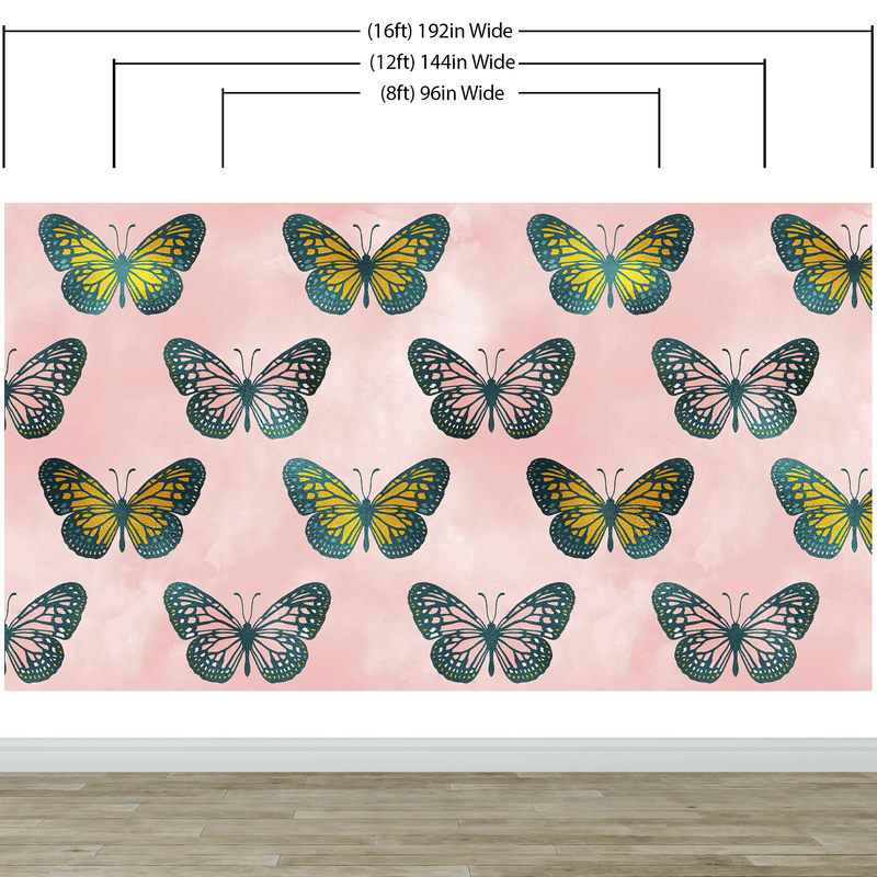 Large Butterfly Pattern on Pink Background Wall Mural. Bedroom, Nursery, Home Decor. Peel and Stick Wallpaper.