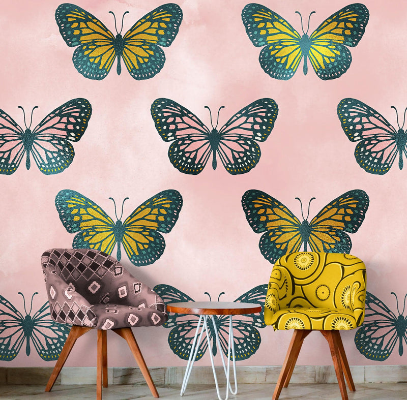 Large Butterfly Pattern on Pink Background Wall Mural. Bedroom, Nursery, Home Decor. Peel and Stick Wallpaper.