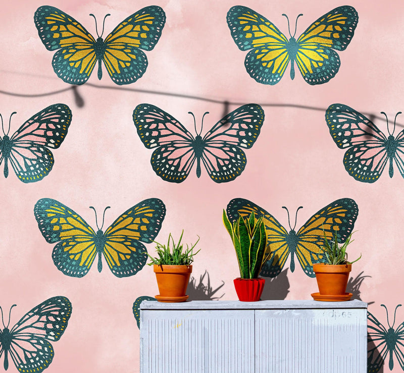 Large Butterfly Pattern on Pink Background Wall Mural. Bedroom, Nursery, Home Decor. Peel and Stick Wallpaper.