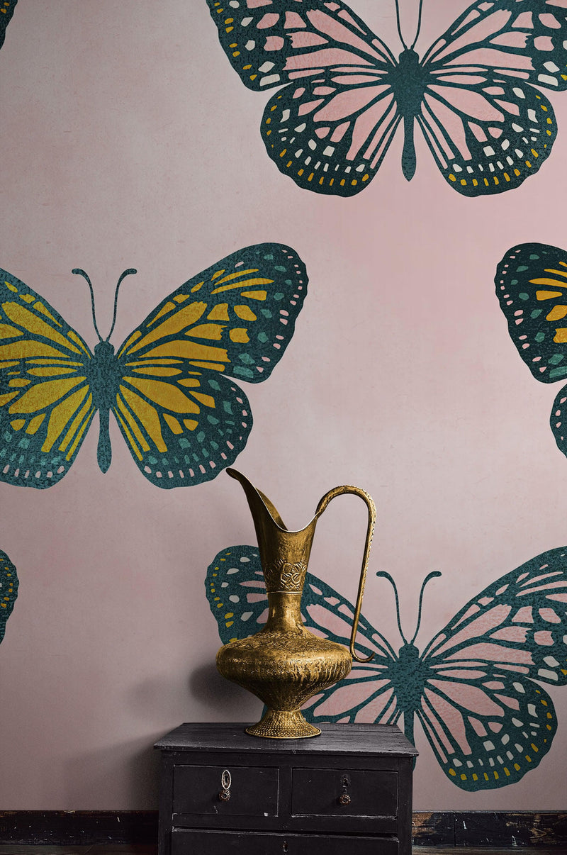 Large Butterfly Pattern on Pink Background Wall Mural. Bedroom, Nursery, Home Decor. Peel and Stick Wallpaper.