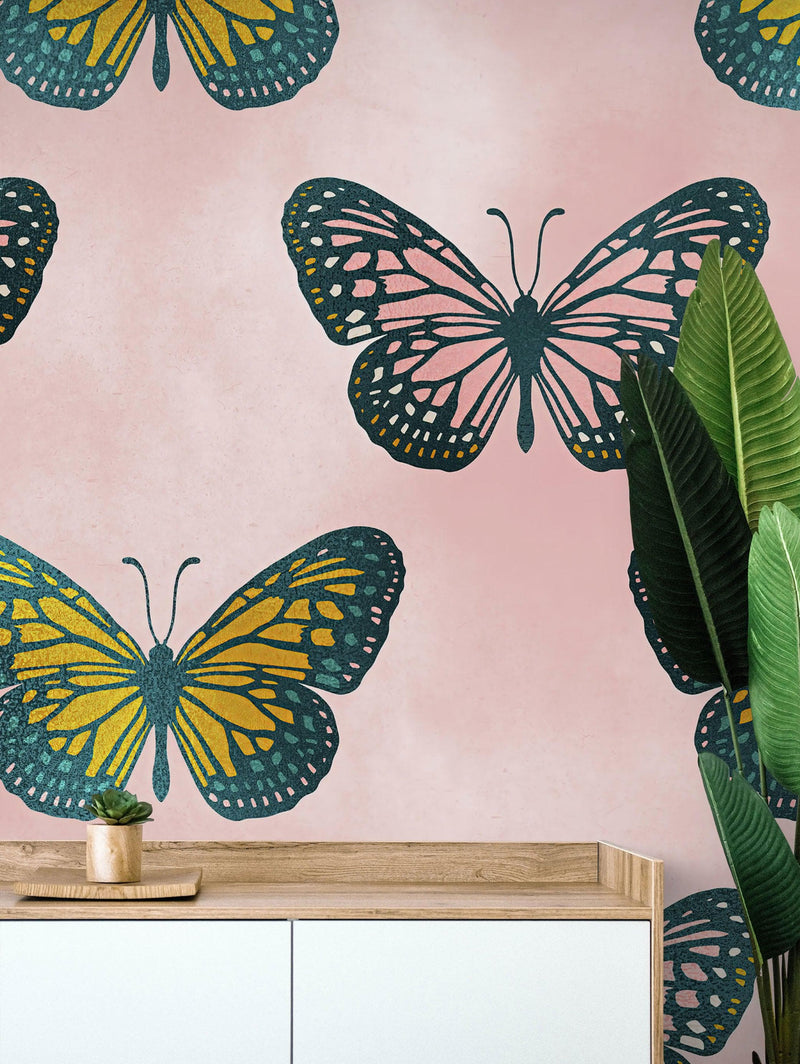 Large Butterfly Pattern on Pink Background Wall Mural. Bedroom, Nursery, Home Decor. Peel and Stick Wallpaper.