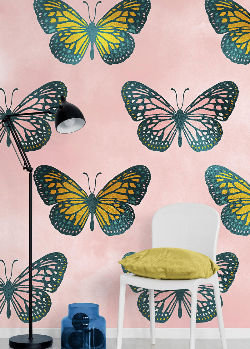 Large Butterfly Pattern on Pink Background Wall Mural. Bedroom, Nursery, Home Decor. Peel and Stick Wallpaper.